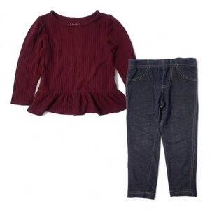Cat & Jack Peplum Burgundy Top & Carter’s Blue Jeggings Set Toddler Girl 3T